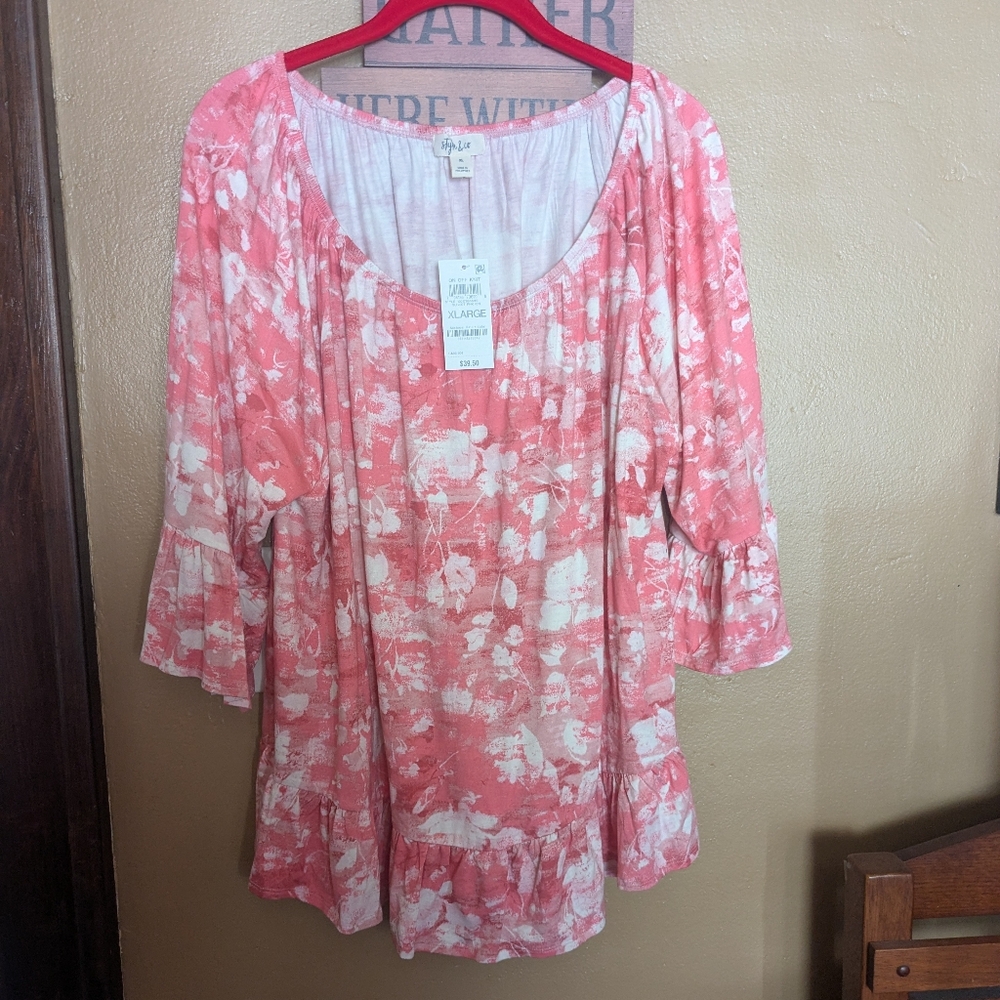 Style & Co Peachy Pink White Abstract Floral  Off The Shoulder Top Women's XL